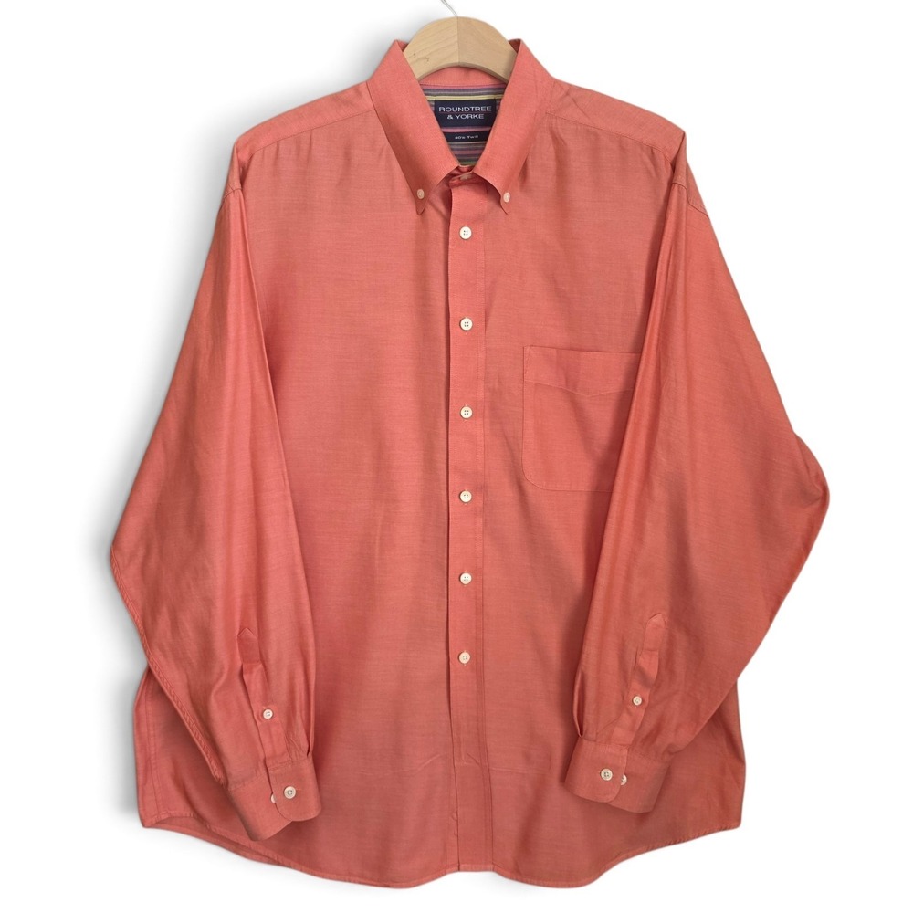 Roundtree & Yorke Shirt Mens Large Coral Peach 40s Twill Long Sleeve Button Down